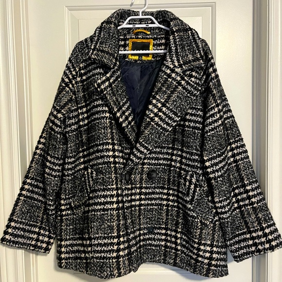 Sam Eldemen black and white Plaid Pea Coat Womens Size XL - Picture 1 of 7